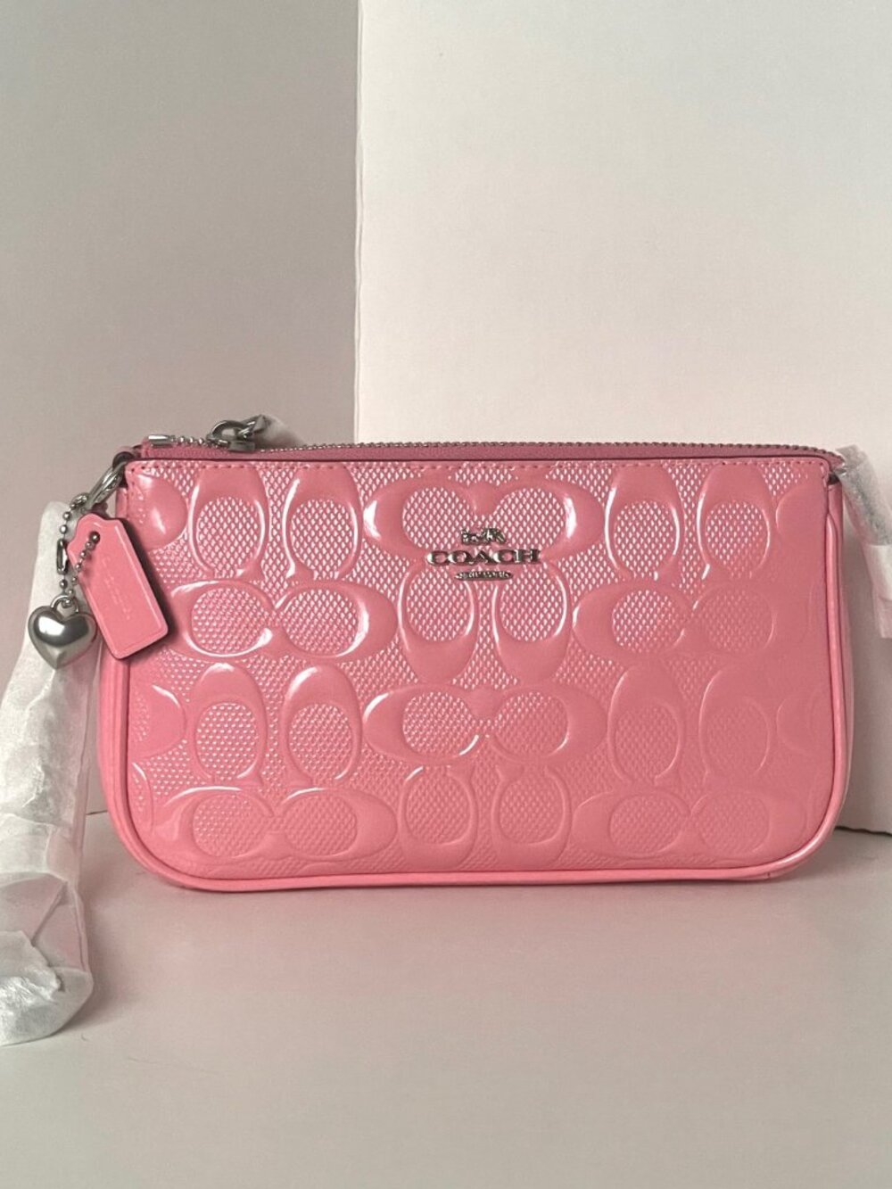 Coach Nolita 19 Pink Patent Leather Heart Charm Shoulder Bag Wristlet CCZ27